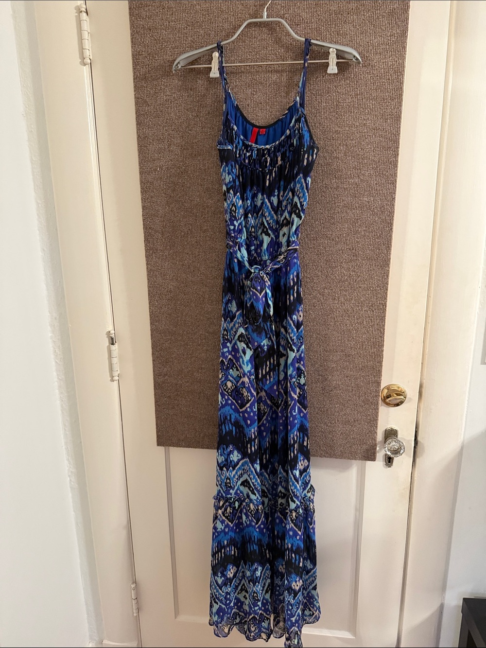 Blue Patterned Maxi Dress with Tie Waist